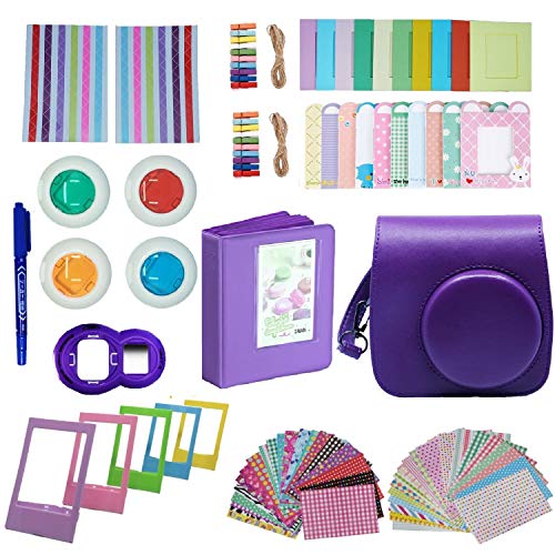 FollowSun 10 en 1 Cámara Accesorios para Fuji Instax Mini 8 8+ 9 Incluir Caso Púrpura/Album/Selfie Lente/Filtros de Color/Wall Cuelgue Marcos/Pegatinas de Frontera/Marco de Fotos/Pegatinas de Esquina