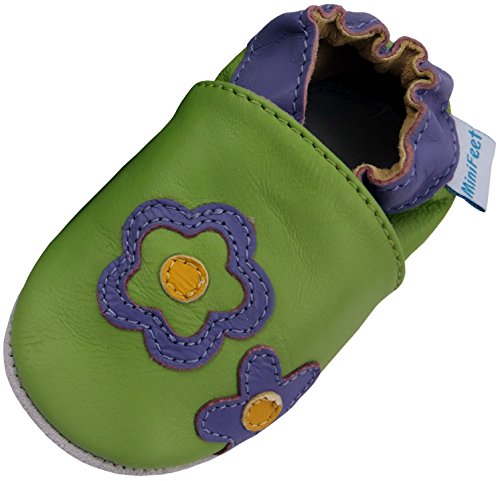 MiniFeet Soft Leather Baby Shoes, Green Daisy, 0-6 Months