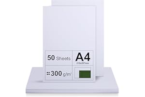 RMIVEGLIA Lot de 50 Feuilles Cartonné A4 - Papier Épais 300 g/m² pour Imprimante - Blanc - Non Imprimé pour Travaux Manuels, Présentations, Cartes de Vœux