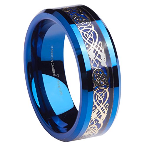 queenwish 8mm Blau Wolfram Hochzeitsring Gold Keltischer Drache Kohlefaser Verlobungsring Schmuck für Herren Damen Größe 6-13