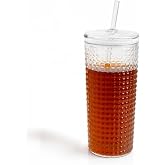 Meturas Desenli Borosilikat Pipetli Cam Bardak, 550 ml, Kapaklı ve Pipetli, Soğuk İ&ccedil;ecekler İ&ccedil;in Kupa Mug