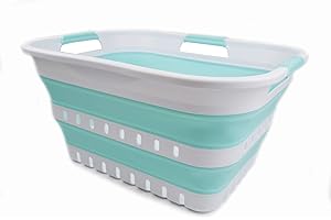 SAMMART 30L Collapsible 3 Handled Plastic Laundry Basket - Foldable Pop Up Storage Container/Organizer - Portable Washing Tub - Space Saving Hamper/Basket (White/Lake Green)