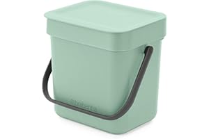 Brabantia Sort & Go Food Waste Bin 3L (Jade Green), Space-Efficient Plastic Recycle Bin with Handle, Removable and Stay-Open Lid, Easy to Clean Kitchen Compost Caddy without Nooks and Rims