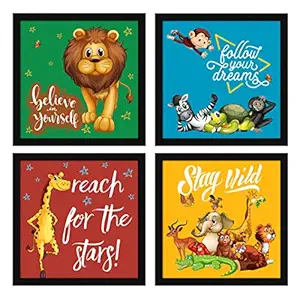 ArtX Set of 4 Cartoons Animals Kids Room Wall Art Painting, Framed Paintings 20 X 20 inches, 10 X 10 each, Multicolor, Synthetic Wood, Set Of 4 Wall Art (Animals-01)