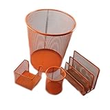  Schreibtischset Büroset Büro Aufbewahrungssystem Metall Mülleimer Stiftehalter Schreibblock blau grün pink orange, Farbe:Orange