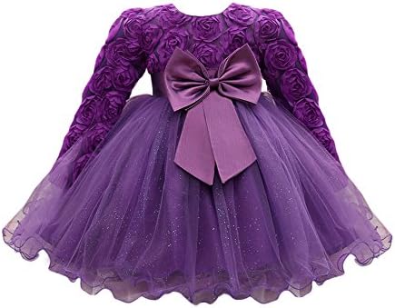 Infant Toddler Baby Girls Princess Dress,Sweet Flower Lace Bowknot Baby Girl Long Sleeve Princess Bridesmaid Pageant Gown Gauze Dress Fleabane Skirt Birthday Party Wedding Dress(Purple 6-12 months)