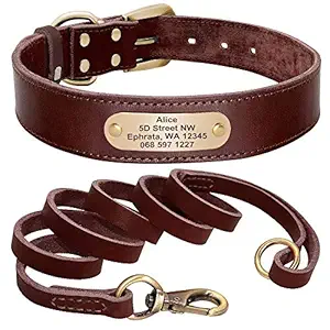 Didog Genuine Leather Dog Collars & 5ft Leashes with Engraved Nameplate, Personalized Soft Leather Dog Collar Leash Set with Custom ID Tag, Brown/Green/Red for Small Medium Large Dogs