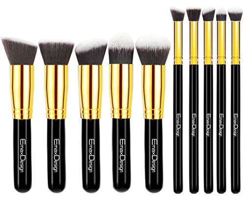 EmaxDesign Makeup Brush Set Professional Premium Synthetic Kabuki Foundation Blending Blush Eyebrow Face Liquid Powder Cream Cosmetics Brushes Kit With Bag (10pcs Golden Black)