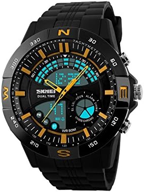Dual Dial Analog Digital Quartz LED Sports Watch Multifunction Two Timezone 24H Military Time Waterproof Casual Back Ligh 50M Waterproof Resistant Day Date (Yellow)
