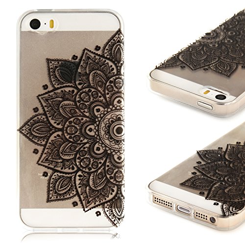 Coque iPhone 5S ,iPhone SE Etui TPU , CaseLover Noir Grand Lotus Fleur Vert Motif Mode Etui Coque TPU Slim pour Apple iPhone 5 / 5S / SE Mode Flexible Souple Soft Case Couverture Housse Protection Anti rayures Mince Transparent Silicone Cover 