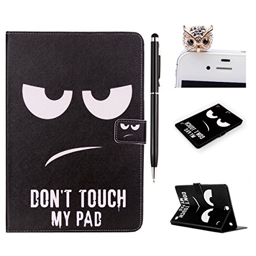 Felfy Slim Full Body Don’t Touch my Pad Black Auge Muster PU Lederhülle Case Cover Etui Schutz Hülle Tasche für Samsung Galaxy Tab A 9.7 Zoll T550 P550 T555N + 1x Eule Anti Stöpsel + 1x Schwarz Stylus