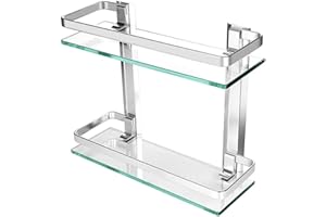 JANTEELGO 2-Tier Bathroom Shelves, Shower Caddy Bath Basket Storage Shelf, Thick Tempered Glass Aluminum Wall Mounted Bathroom Shelf Rack Kitchen Storage Shelf (2-Tier)