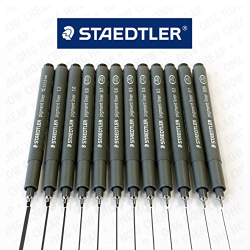 détail Staedtler Pigment liner – Gamme complète Lot de 12 niveaux – Noir d'encre
