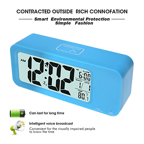 KING DO WAY USB Intelligentes Wecker LED Digital Uhr Große Display Voll Funktions Snooze, Triple-Alarm, Temperatur-Anzeige, Smart Licht USB-Aufladung Umweltschutz JC1908 Blau - 7