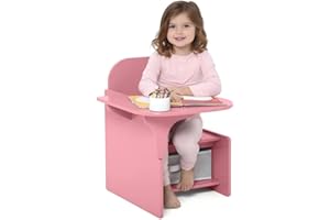 MeJa Kids Table & Chair Set, Children's Wooden Writing Desk Set with Storage Bin, Junior Toddler Study Table & Chair for Ages 3+, 2 in 1 Children's Furniture Boys & Girls Gift, Pink