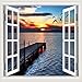 Produktbild YSFU Wandsticker 3D Fensteransicht Wandtattoo Aufkleber Wohnkultur Wohnzimmer Holz Brücke Meer Sonnenuntergang Schöne Landschaft Tapeten Wandbilder, 60X90 cm 24X36 Zoll