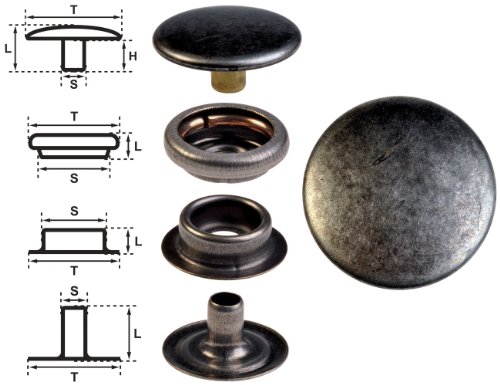 15 Ringfeder-Druckknöpfe "F3" 15.5mm aus Messing (nickelfrei), Finish: nickel-antik, Verschlusskraft: stark