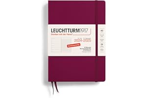 LEUCHTTURM1917 370615 kalendarz tygodniowy i notatnik na rok 2025, średni A5, twarda okładka, planer 18-miesięczny, 80 g, w linie, czerwony Port Red