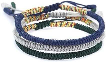MiGz Handmade Tibetan Knots Lucky Rope Bracelet - 3 colour bundle (Deep Blue, Silver and Dark Green)