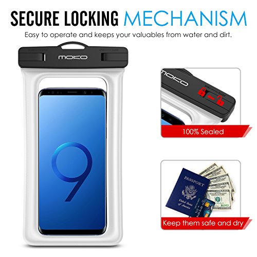 MoKo Custodia Impermeabile Galleggiante con bracciale e fascetta da collo per iPhone X / 8 / 7 / 7 plus / SE / 6s Plus / 6s, Galaxy S7 / S7 Edge e altri Smartphone - IPX8 Certificato, BIANCO