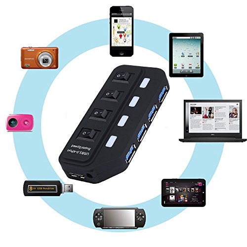 GOSCIEN Ultra Slim Extra Leicht 4-Port USB 3.0 Datenhub für Apple MacBook, MacBook Air, MacBook Pro, Mac Mini, iMac, MacPro, Windows Laptops und Ultrabooks, mit Power Schalter und LEDs - 4