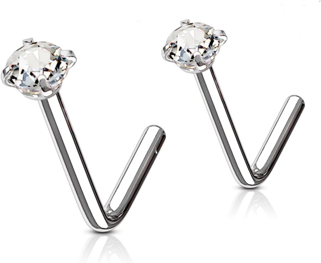 Twilight London 2 PACK Implant Grade Titanium L Bar Nose Studs, Classic 2 and 3mm Crystal Design, Hypoallergenic Newly Pierced Safe, Perfect for Men and Woman,