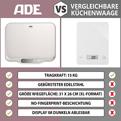 ADE Digitale Küchenwaage KE 1601 Ladina. Elektronische Waage mit XXL Wiegefläche aus Edelstahl für präzises Wiegen bis 15 kg. Mit Zuwiegefunktion (Tara), Auto-Hold. Inkl. Batterie. Silber - 4