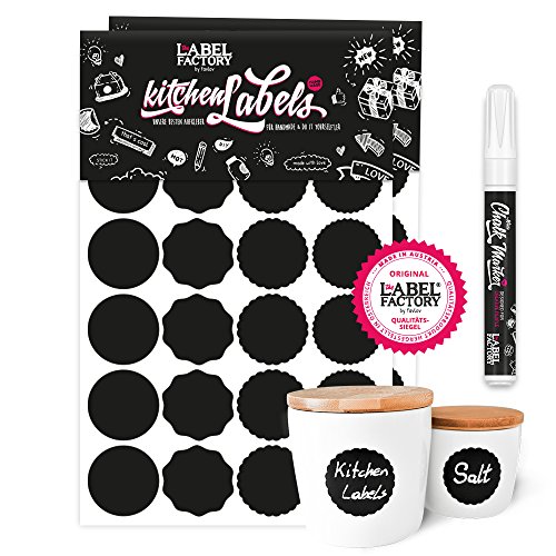 the LABLE FACTORY · 48 Kitchen Labels, rund & 1 Kreidemarker, weiß 1mm Präzisionsspitze / 4mm Keilspitze | flüssiger Kreidemarker | Küchen Etiketten, Gewürz- & Tafel Aufkleber zum Beschriften