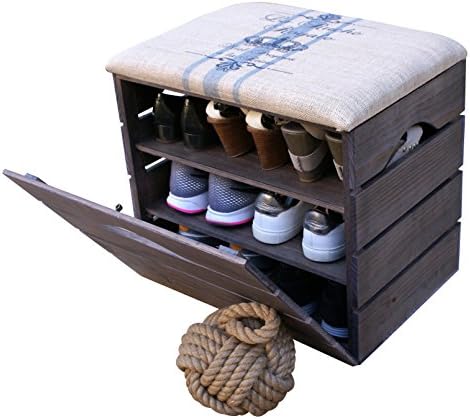 LIZA LINE SHOE RACK (TAUPE) - Premium Vintage Wooden Shoes Organiser with Pull Down Door, Storage Bench with Soft Seat Cushion for Entryway, Hallway. Solid Nordic Wood. 51 x 47 x 35 cm (Blue Stripes)