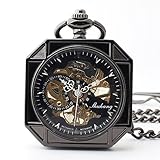 Easy Go Shopping Kreative achteckige Schwarze Taschenuhr Boutique Retro mechanische Taschenuhr mit Kette für Männer