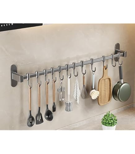 Barra Portautensili Da Cucina In Acciaio Inox - Con 12 Ganci, Lunghezza 70 Cm, Montaggio A Colla O Ventsose - Senza Fori - Foto 7