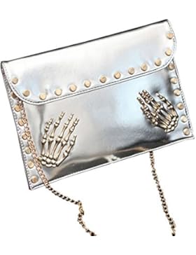 Vertvie Damen Kette Umhängetasche PU Leder Schultertasche Handtasche mit Niet Hand Skelett Messanger Tasche