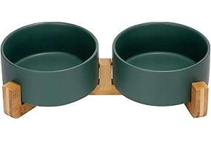 SPUNKYJUNKY Set de Cuencos Cerámicos para Mascotas con Soporte Bambú, Ideal Gatos/Perros Pequeños y Medianos, Duradero, Fácil Limpieza, Antideslizante