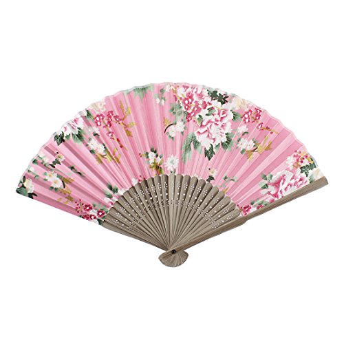 Blumenmuster Holzrippen Faltbar Sommer tragbar Handfächer Pink Hellbraun