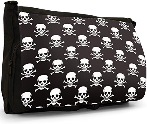 Black Pirate Skull & Cross Bones Large Messenger Black Canvas Shoulder Bag - School / Laptop Bag