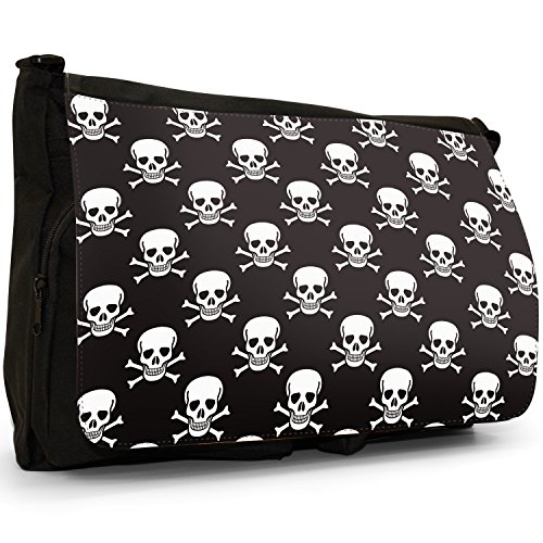 Black Pirate Skull & Cross Bones Large Messenger Black Canvas Shoulder Bag - School / Laptop Bag