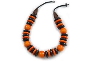 Avalaya Statement Orange/Black Round and Button Wood Bead Necklace - 56cm L