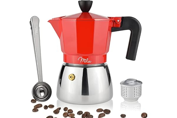 Milu cafetière Italienne Induction | 3, 6, 9 Tasses | Cafetière Moka en Aluminium, Espresso Maker, Ensemble comprenant un sous-verre, une cuillère, un pinceau (Noir, 3 tasses (150ml)