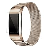 Altsommer Bunter Farben Armband für Fitbit Charge 2 Milanese Mesh Magnetverschluss Magnetisches Edelstahl-Armband mit + HD Film Ersatzband, Schnellverschluss für Damen Herren (Gold)