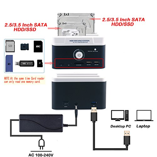 WANLONGXIN WLX-895U3SC-DE USB 2.0 auf SATA Dual-Steckplätze Externe Festplattenlaufwerk-Dockingstation mit Offline-Klon-Funktion und Kartenleser, für 2.5 3.5 Zoll HDD SSD SATA I / II / III Bis zu 2 x 8TB - 8