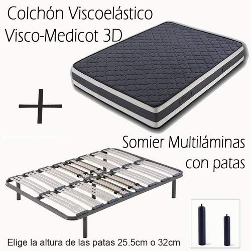 HOGAR24 ES Somier Multiláminas con Regulación Lumbar + Colchón Viscoelástico Doble Cara Visco-Medicot 3D