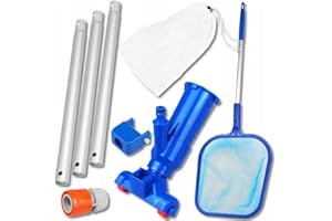 PUREPOWER Sillar Mini odkurzacz do basenu ręczny 5-w-1 – venturi zestaw czyszczący dno Ø 24 cm z workiem filtracyjnym, teleskopową tyczką 70-130 cm, siatką do liści