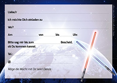 „LICHTSCHWERTER-EINLADUNGEN“ (10792): 12-er-Set spacige Einladungskarten zum Kindergeburtstag oder zur Space-Party von EDITION COLIBRI © – umweltfreundlich, da klimaneutral gedruckt - 2