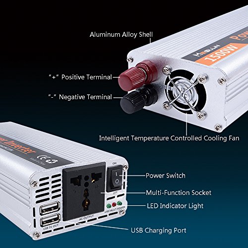 Mesllin Car inverter convertitore 1500 W (3000 W picco) onda sinusoidale modificata DC 12 V a 240 V AC per camion