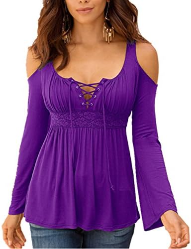 ARESHION Women's Off Shoulder Bandage Lace Up Neck Long Sleeve Tees T-Shirt Blouse Tops Purple 5XL