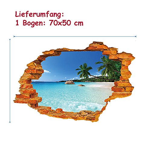 WandSticker4U- Wandtattoo in 3D Optik: Urlaubsinsel | Effektbild: 50×70 cm | Wanddurchbruch: Meer Strand Palme Insel Urlaub Meerblick Himmel Ozean Karibik Landschaft Mauer | entfernbare Wandbild Poster Wandaufkleber Wandsticker Deko für Wohnzimmer, Badezimmer, Schlafzimmer, Küche, Flur - 4
