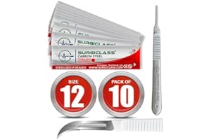 SURGICLASS Skalpellklingen Figur 12 aus Karbonstahl 10 Stück steril + Skalpell-Halter - Edelstahl Perfekt für Holzkunst, Chirurgie, Bildhauerei, Laboranatomie, Kartenherstellung, Labortraining SURGIRD12-10