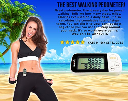 NAKOSITE-Genauer 3D Schrittzähler, Kalorienzähler, mit Fitness eBook. 30 Tage Speicher nicht 7. Meilen oder kilometerzähler mit Clip & Gurt. Pedometer mit Trainings-Modus, Tägliche Leistung Monitor, konstruiert mit Tri-Axis Technik, digitales leicht zu lesende Anzeige, Weiß. - 4