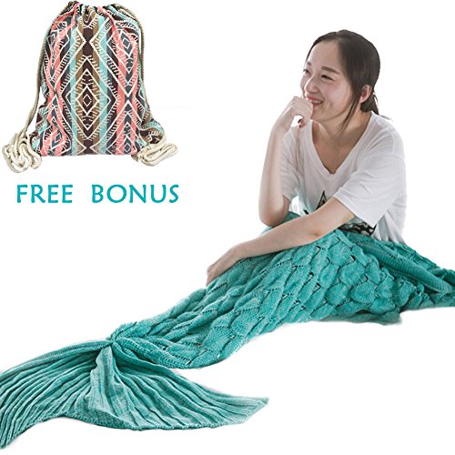 Handgemachte Gestrickte Meerjungfrau Schwanz Decke MAGFLY Fish-scale Meerjungfrau Decke Schwanz Sofa Schlafsack Perfekt Geschenk für Erwachsene und Teenager (Minzgrün)