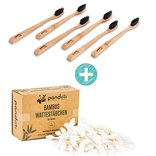 Preisvergleich Produktbild Bambus Wattestäbchen + Bambus Zahnbürsten Aus Nachhaltigem Bambus Holz 6 Zahnbürsten + 55 Sicherheitswattestäbchen 100% frei von BPA Wattestäbchen Holz Bio Baumwolle